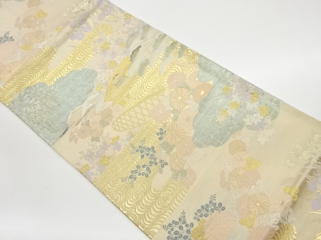 リサイクル　流水に松・花々・家屋模様織出し袋帯